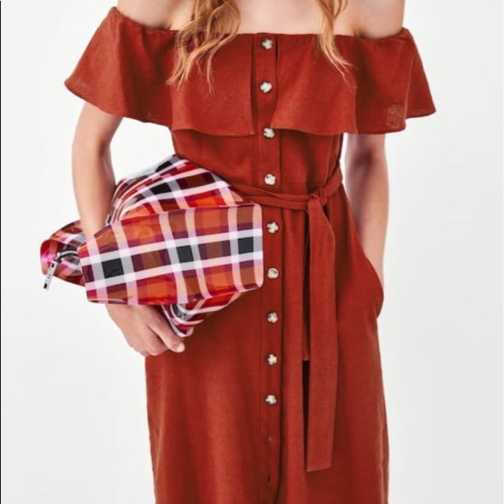 NWOT Zara TRF Off The Shoulder Terracotta Ruffle Linen Dress